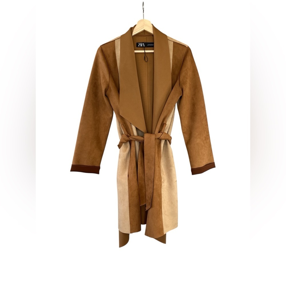 New Zara Faux Suede Two-Tone Belted Waterfall Coat - Picture 4 of 10